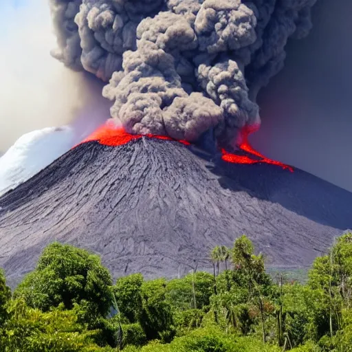 Prompt: a volcano erupting. oblivious citizens continue their day