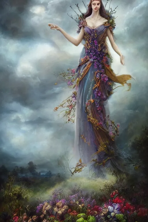 Prompt: fine art photo of the beauty goddess catriona balfe, she is wearing a mystical long gown she has a crown of stunning flowers and gemstones, background full of stormy clouds, by peter mohrbacher