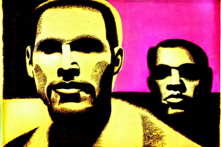 Image similar to steve austin a man barely alife, portrait at moma museum very coherent and colorful high contrast, screen printing woodblock, dark shadows, hard lighting, stipple brush technique,