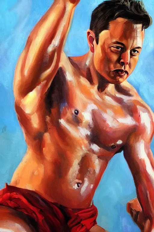 Prompt: beautiful oil painting of Elon Musk as a muscular greek god