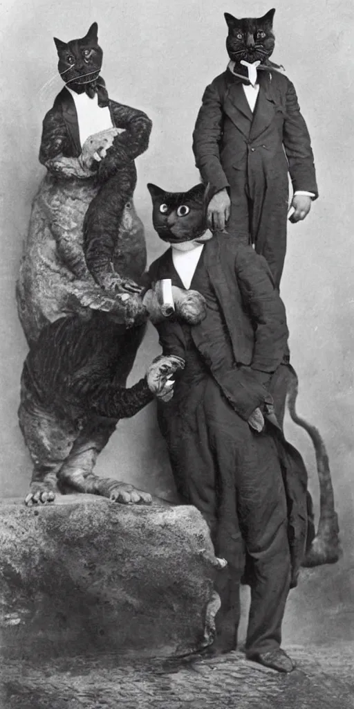 Prompt: t rex and a cat, big hands, big feet, Business men. strange, photograph, 1870s, 1890s