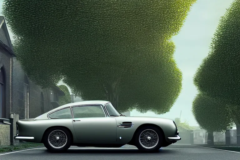 Image similar to a wholesome animation key shot of one focused aston martin db 5, on a residential london street, trees, medium range, studio ghibli, pixar and disney animation, sharp, very detailed, unreal engine 5 render, high resolution, anime key art by greg rutkowski