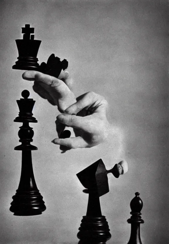 Image similar to a man holding up a single chess - piece, a surrealist painting by marcel duchamp, complex artificial - intelligence machinery, flickr contest winner, studio portrait, 1 9 2 0 s