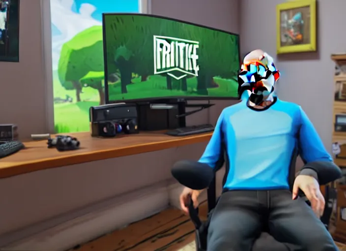 Image similar to realistic gamer walter white in real life on a gaming chair playing fortnite on his gamer pc