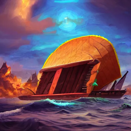 Image similar to a giant taco sails across the ocean and the taco bell chihuahua is the captain, high detail, 8 k, fantasy art, artstation,