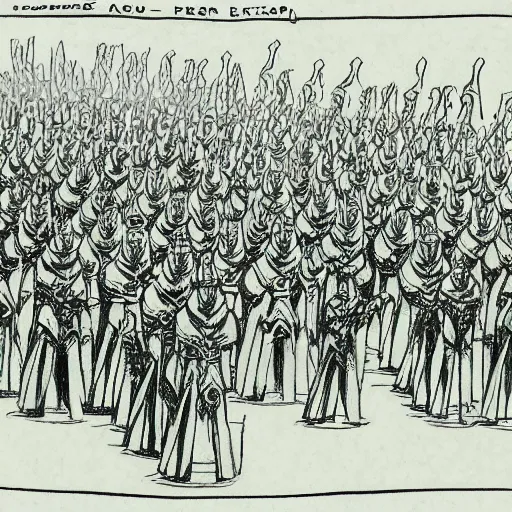 Prompt: pencil illustration. a billion psykers lined up to be sacrificed to the emperor.