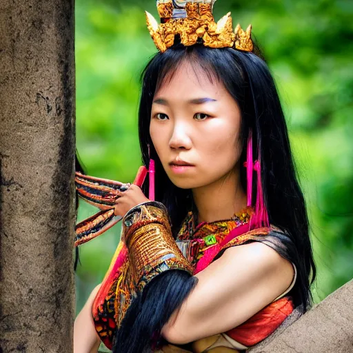 Prompt: A female ancient asian tribal princess, (EOS 5DS R, ISO100, f/8, 1/125, 84mm, postprocessed, crisp face, facial features)