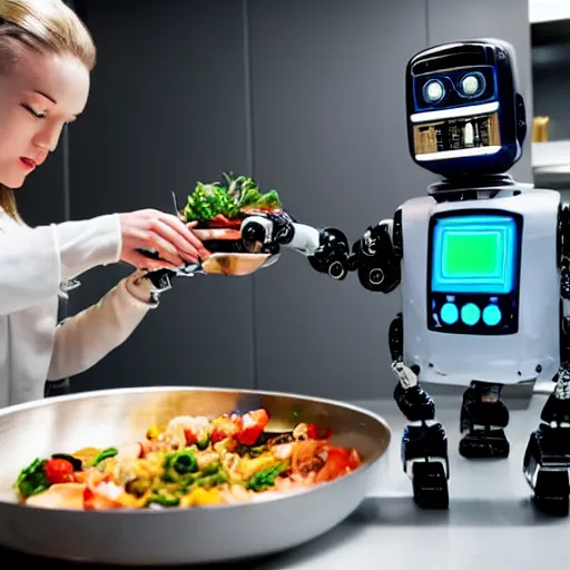 Prompt: a robot preparing a meal in a kitchen, cyberpunk, sci-fi, coherent like Dall-E 2