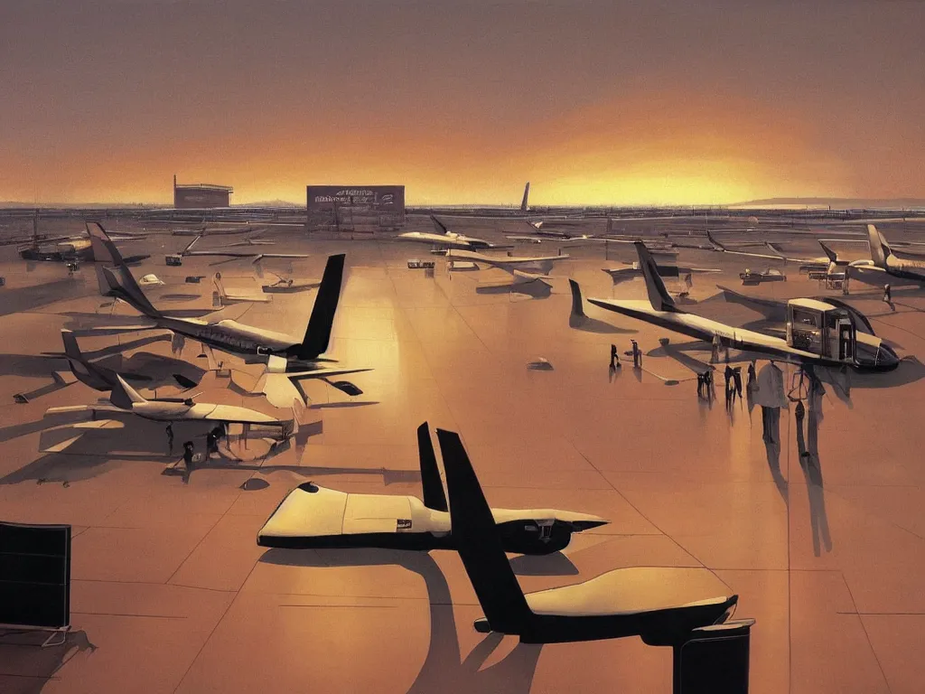 Prompt: sun setting in a airport lounge. tall, spacious, child watching landed airplane on the runway. painting by moebius