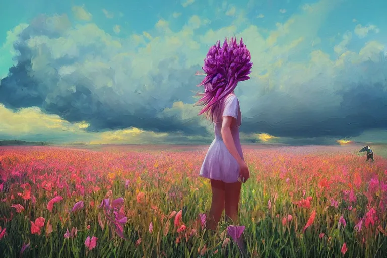 Image similar to giant gladiola head, girl walking in field of flowers, surreal photography, sunrise, blue sky, dramatic light, impressionist painting, digital painting, artstation, simon stalenhag