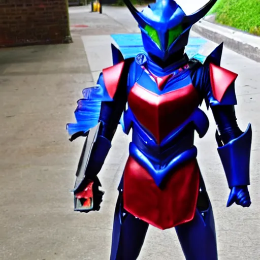 Image similar to High Fantasy Kamen Rider, blue armor with red secondary color, 4k, glowing eyes, daytime, rubber suit, dragon inspired armor, Guyver Unit 1 Armor