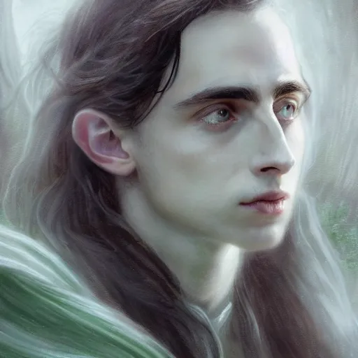 Prompt: Timothy Chalamet as Galadriel, ethereal, half-body portrait, Lord of the Rings, fantasy, portrait, highly detailed, digital painting, artstation, concept art, sharp focus, illustration, art by artgerm and greg rutkowski and magali villeneuve, white and green color scheme