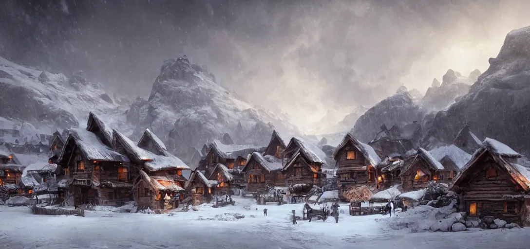 Image similar to mountain village with wooden viking houses in the snow, blizzard, landscape, raphael lacoste, eddie mendoza, alex ross, concept art, matte painting, highly detailed, rule of thirds, dynamic lighting, cinematic, detailed, denoised, centerd