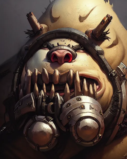Image similar to roadhog from overwatch, character portrait, portrait, close up, concept art, intricate details, highly detailed by greg rutkowski, michael whelan and gustave dore