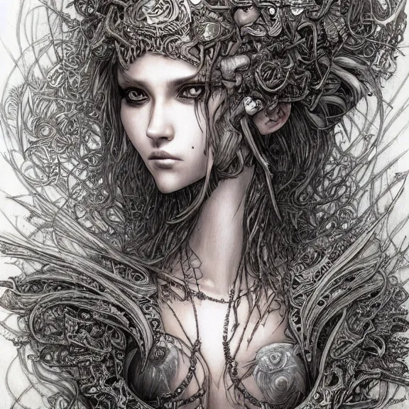 Prompt: a highly detailed portrait in the style of james jean and in the style of luis royo.