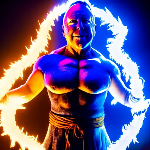 Image similar to uhd candid photo of alex jones as a dbz character, glowing blue, global illumination, radiant light, detailed, intricate costume. photo by annie leibowitz