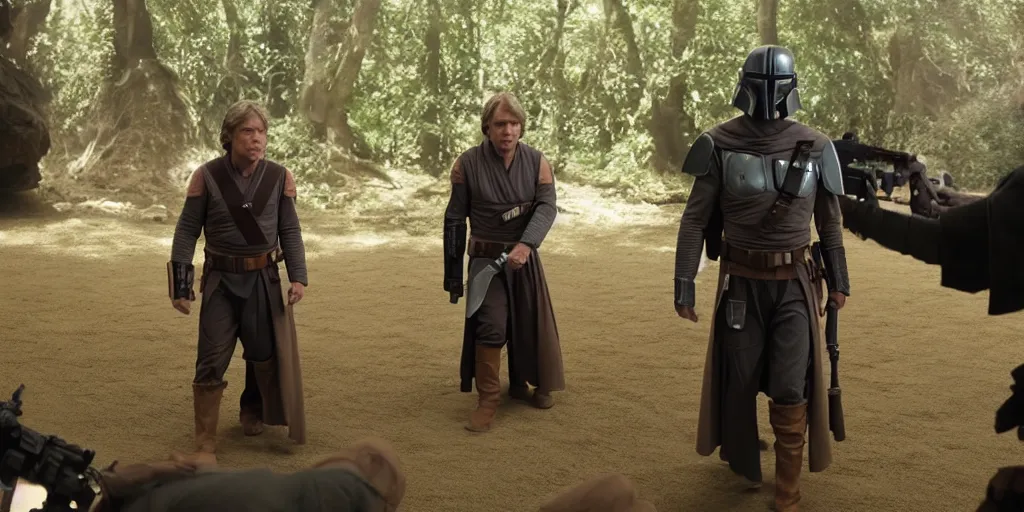 Image similar to Luke Skywalker teaches Grogu at Jedi Temple scene from the Mandalorian 2022, serene, iconic scene, stunning cinematography, anamorphic lenses, kodak film