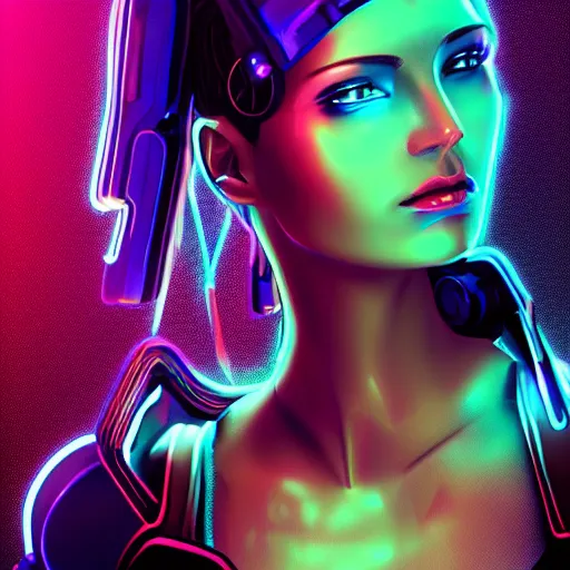 Prompt: A profile portrait of a cyberpunk female,full metal overlay,neon colors,neon background, f1.8, 50mm, vibrant light leaks,high detailed, intricate detail,high contrast, hyper realism 8k,trending on artstation.