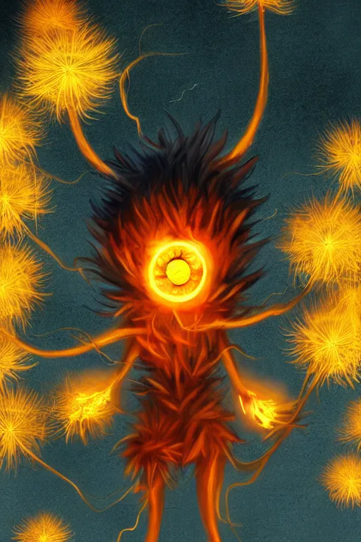 Prompt: a glowing humanoid figure dandelion monster with large glowing eyes, surrounded by fire, highly detailed, digital art, sharp focus, trending on art station, artichoke, anime art style