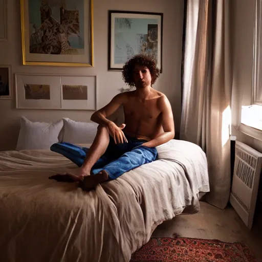 Prompt: a handsome guy posing in an east village bedroom, morning light, natural, long, brown curly hair, by larry clark award winning photograph