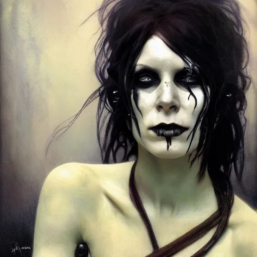 Image similar to portrait of wyona rider as death from sandman, gentle smile, by cedric peyravernay, alphonse mucha, by jeremy mann, by lecouffe deharme, goth chic, soft lightning, eyeliner, punk rock, high detailed, 8 k