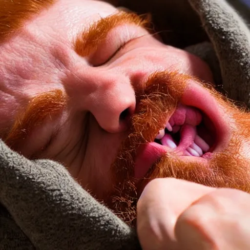 Image similar to a ginger man sleeping on his back, mouth open, face closeup