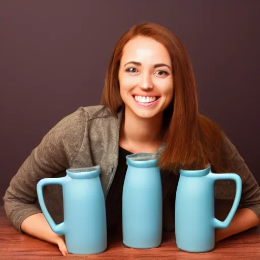 Image similar to woman holding 2 giant jugs while smiling, photorealistic, studio