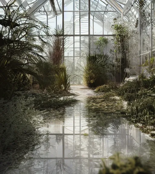 Prompt: condensed glass architecture of purifycation white lab in the wild, desert white greenhouse, cyber installation, ancient atmosphere, trending on artstation, corona render, award winning, archviz, matte painting, sunrays, ethereal, desert