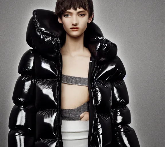 Image similar to well lit fashion shoot portrait of extremely beautiful female black marble statue wearing huge puffer jacket over size futuristic outerwear, puffer trouser, puffer jacket, puffer jacket by moncler genius, dingyun zhang, yeezy, balenciaga, vetements, sharp focus, clear, detailed, detailed, glamorous, symmetrical, vogue, editorial, fashion,