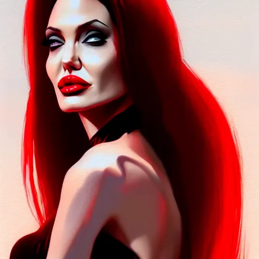 Prompt: angelina jolie as jessica rabbit red dress, character headshot portrait, sharp, digital matte painting, art by luis royo, greg rutkowski, wlop, dramatic lighting, trending on artstation