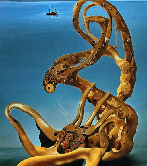 Image similar to a cybernetic realistic Callistoctopus macropus found giving a lecture in a shallow area of the Mediterranean Sea, 9pm in Cap de Creus, oil painting by Salvador Dali