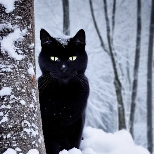 Image similar to Award winning photo of a black cat in a snowy forest at afternoon, lens flare, bokeh, telephoto