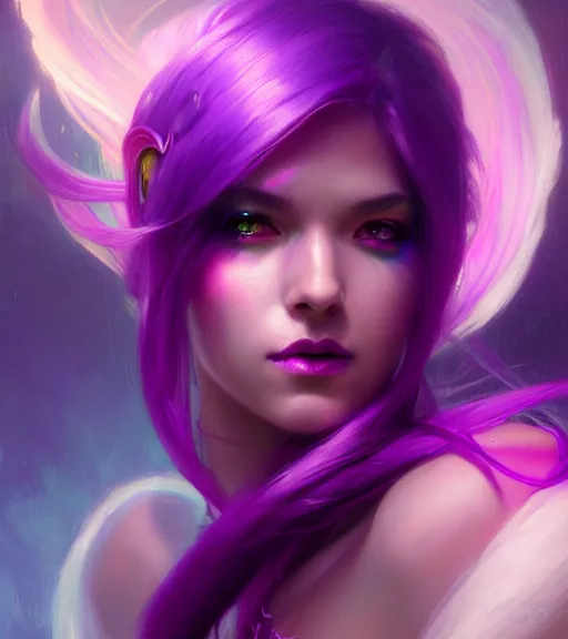 Prompt: stunningly beautiful female neon and purple hair, fantasy art, fae priestess, world of warcraft video game, goddess sharp focus, digital, painting, 8 k, concept art, art by wlop, artgerm, greg rutkowski and alphonse mucha