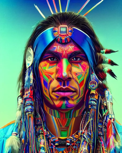 Prompt: colorful portrait of a futuristic native american indigenous hippie with cybernetics | highly detailed | very intricate | symmetrical | professional model | cinematic lighting | award - winning | painted by rossdraws and wlop and artgerm | pan futurism, dystopian, bold psychedelic colors, cyberpunk, anime aesthestic | featured on artstation