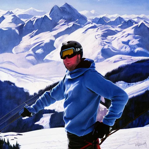 Image similar to Richard Bruce Cheney, skiing, Richard Bruce Cheney wearing acid-washed blue jeans, powder day, epic mountain background, painting