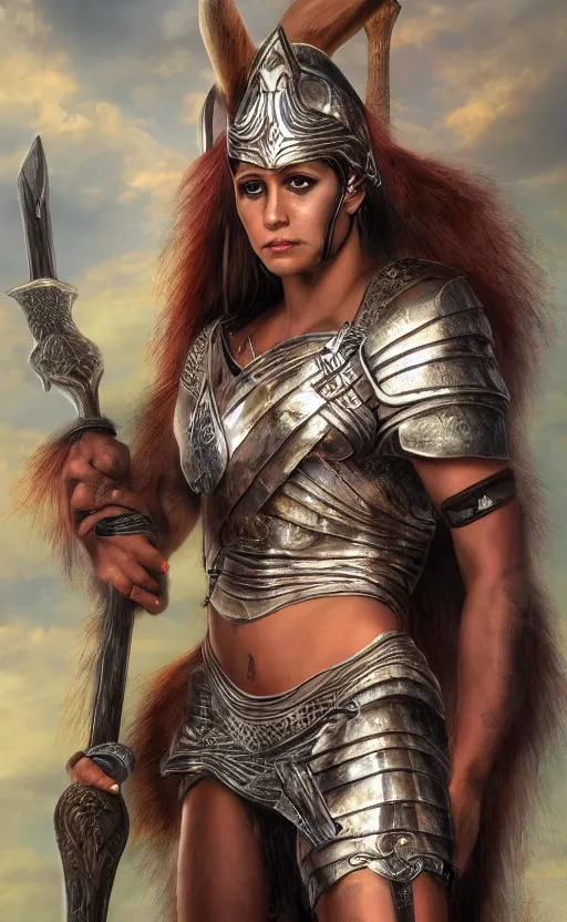 Image similar to a full shot photo of valkyrie, sword, colorful, goddess, caucasian, feminine, axe, realistic, 8 k, hdr, extremely detailed