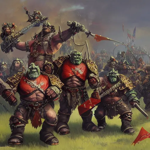 Image similar to Orcs from Warhammer Fantasy with Russian flags are charging by Greg Rutkowski