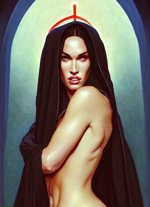 Prompt: portrait of megan fox as a hot and sultry nun, catholic, church, bible, christian, intrigante, headshot, highly detailed, digital painting, artstation, concept art, sharp focus, cinematic lighting, illustration, art by artgerm and greg rutkowski, alphonse mucha, cgsociety