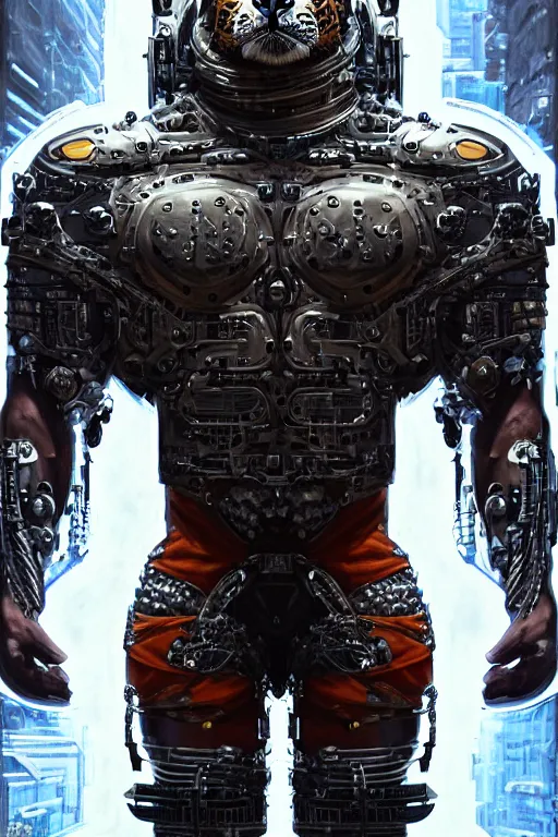 Image similar to a portrait of a muscular anthropomorphic cyberpunk jaguar in spacesuit armor with ensignia on chest plate by sandra chevrier, by jon foster, detailed render, post - processing, extremely hyperdetailed, intricate, epic composition, cybernetics, 4 k realistic, cryengine, realistic shaded lighting, sharp focus, masterpiece, by enki bilal