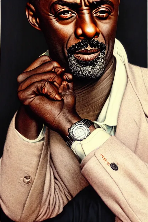 Prompt: idris elba portrait by gil elvgren and norman rockwell and rob gonsalves and hajime sorayama, hyperrealistic, high detail, ultra detailed, highly detailed face, ruffled fabric