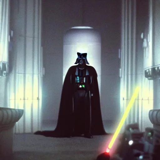 Image similar to an over the shoulder point of view of Darth Vader looking at the space,