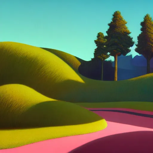 Image similar to pop-surrealist landscape painting, octane render, unreal engine, trees and pines everywhere, very nice pastel colors, lights and shadows, glowing hot sun, very coherent, Houdini algorithmic generative art, painted by Edward Hopper, Wayne Barlowe, painted by James Gilleard, airbrush, art by JamesJean