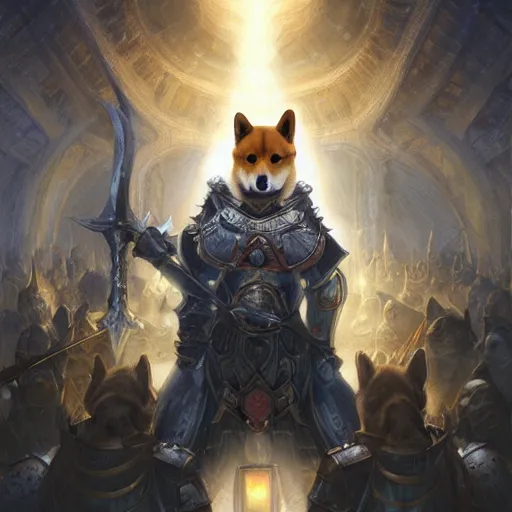 Prompt: anthropomorphic shiba inu, paladin armor, holding sword glowing holy light aura, fantasy, holy light, portrait art by donato giancola and greg rutkowski, realistic face, visible holy aura, digital art, trending on artstation, symmetry