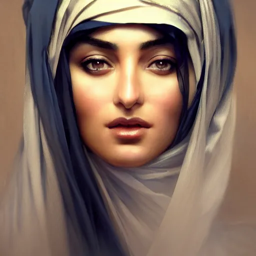 Image similar to a Photorealistic dramatic hyperrealistic render of an arab ameera al taweel, blue eyes, black hair, white veil,by WLOP,Artgerm,Greg Rutkowski,Alphonse Mucha, Beautiful dynamic dramatic dark moody lighting,shadows,cinematic atmosphere,Artstation,concept design art,Octane render,8K