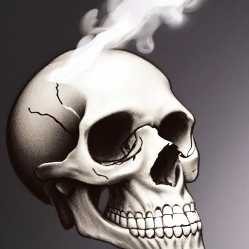 Image similar to hyperrealistic skull wearing a top hat surrounded by smoke, smoke pouring out of its mouth,
