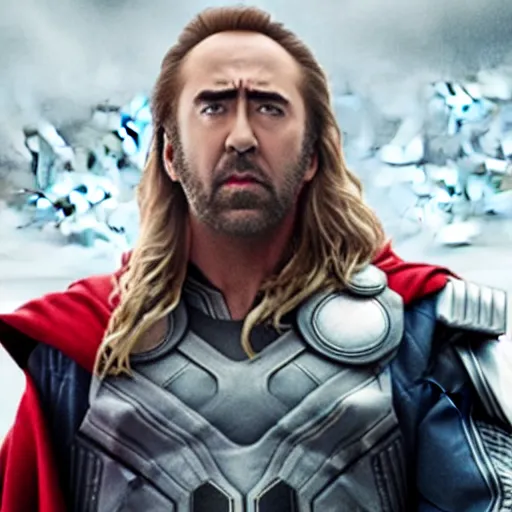 Image similar to film still of Nic Cage as Thor in Avengers Endgame