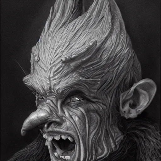 Image similar to hyper realistic pencil drawing of a goblin, D&D Art, detailed, rim light, diffused, intricate, axe, by anna dittmann