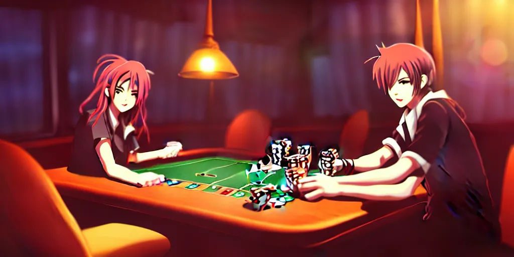 Prompt: anime character playing poker and drinking in a cozy bar, volumetric lighting, hyper real, pencil art, moody lighting, cute, comfy