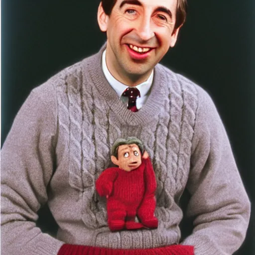 Image similar to mister rodgers in a bloodstained sweater