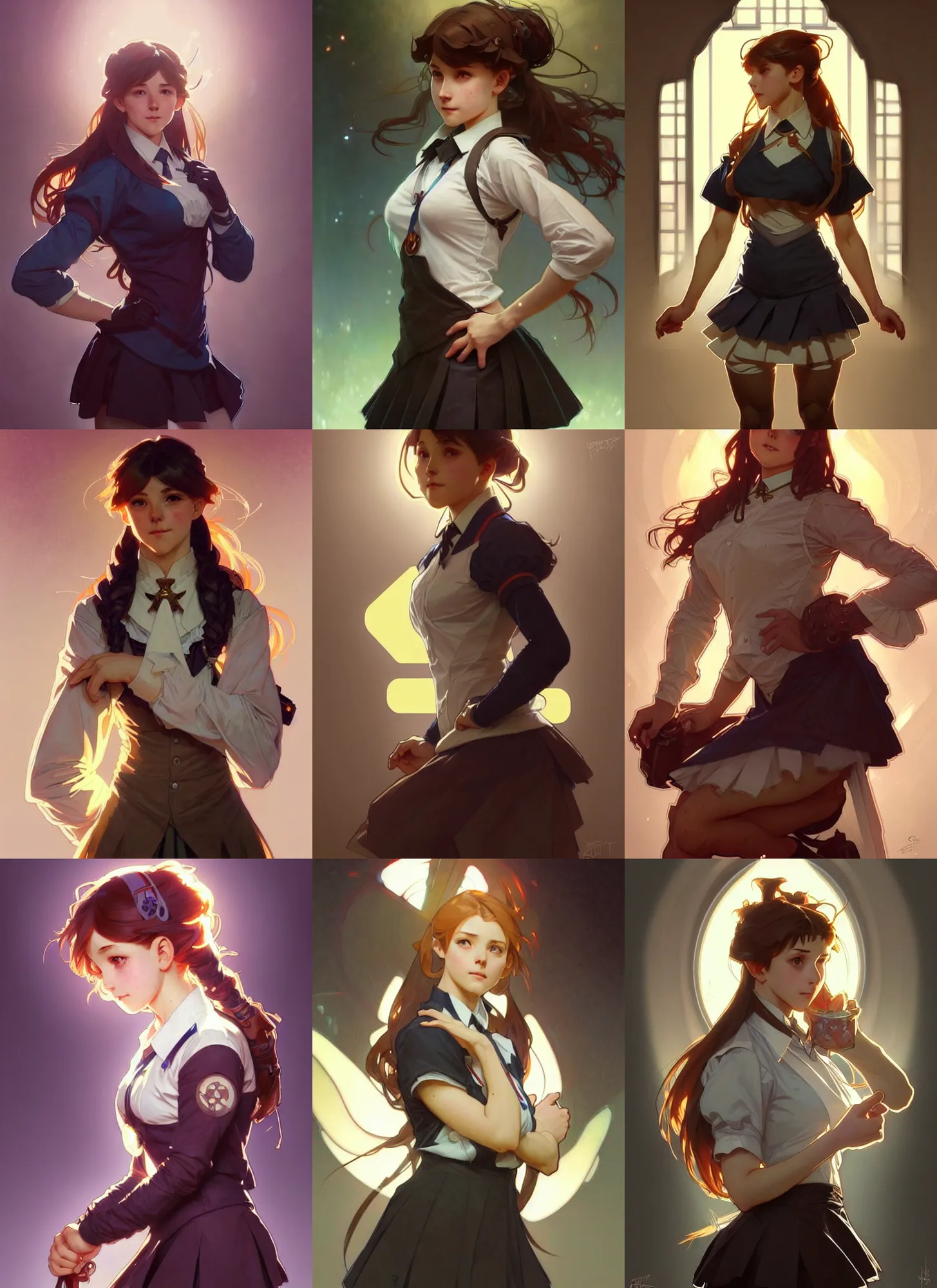 Prompt: a digital concept art by artgerm and greg rutkowski and alphonse mucha. clear portrait of a squatting attractive school girl in uniform!!, light effect. hyper detailed, character concept, glowing lights!! intricate, elegant, digital painting, artstation, smooth, sharp focus